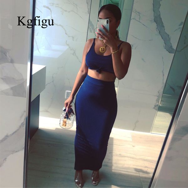 

kgfigu women sets 2019 summer blue two piece set casual corp two piece outfits festival clothing long skirt set, White