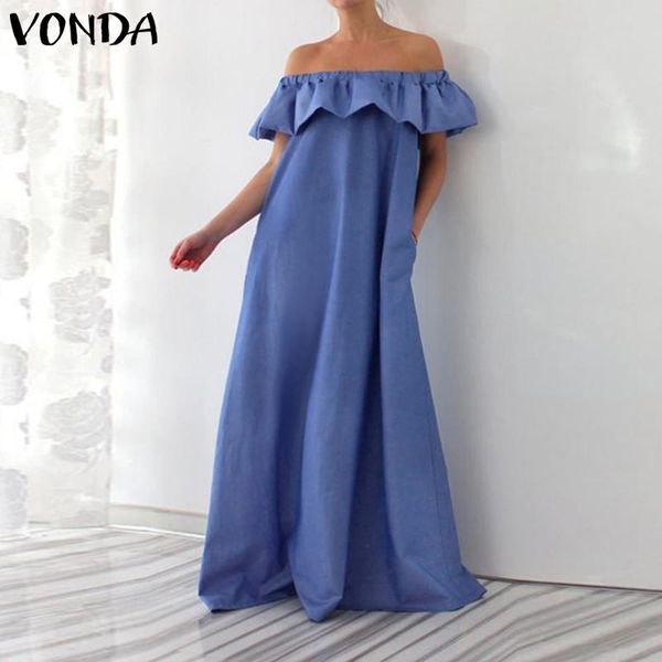 

vonda plus size women maxi dress 2019 vintage off the shoulder ruffle sleeveless summer dress party floor-length vestido, Black;gray