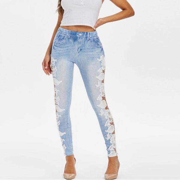 

skinny jeans woman long high waist button pocket patchwork perspective casual pencil jeans mujer 2019 cintura alta oy41*, Blue