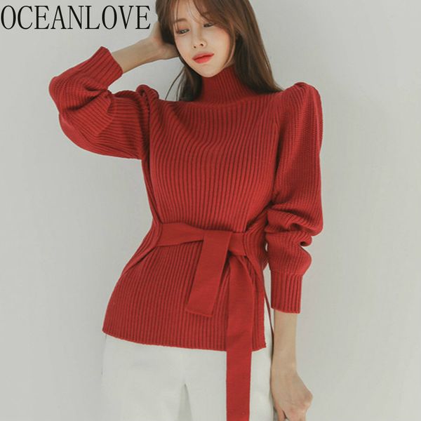 

oceanlove водолазка твердого лук женщина свитер изящного лук урожай пуловеры puff sleeve lace up корейского вытащите femme моду 13045, White;black