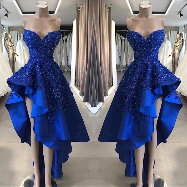 

Vintage Royal Blue Short High Low Prom Dresses 2019 Real Image A Line Beaded Appliques Sweetheart Asymmetrical Long Evening Party Gowns