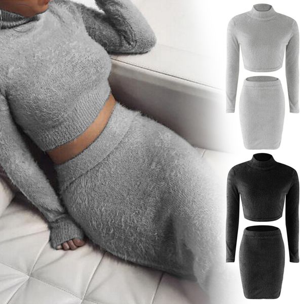 

bodycon набор осень женщины костюм с длинным рукавом руно crop top карандаш midi юбка твердая 2pcs платье свитер tracksuit, White