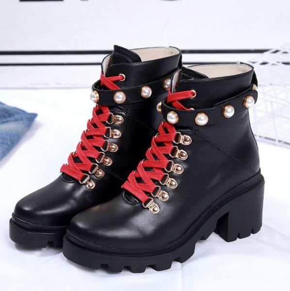 

2018 winter women motorcycle boots platform high heels botas mujer pearled cross tied real fur snow boots ankle female, Black