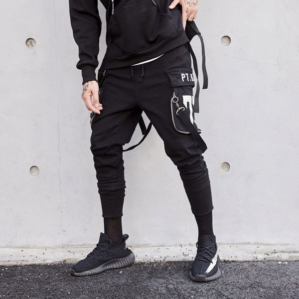 

Men Fashion Casual Bib Pants Cargo Pant Fashion Male Hip Hop Harem Pants Elastic Waist Design Tenths US Size XS-XL