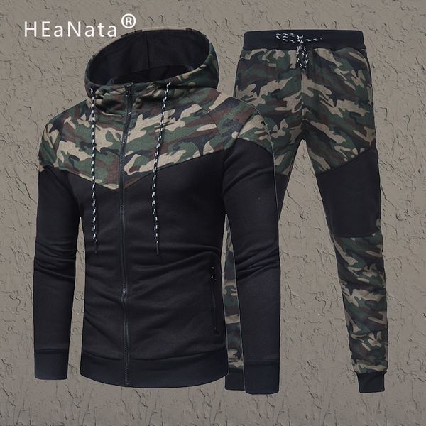 

camouflage men sets causal patchwork hooded track suit men 2pcs tracksuit sportswear set hoodies sweatshirt pants jogger suits, Gray