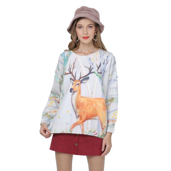 

elk pattern printed pullover sweater women 2020 autumn loose-fit mid-length knit low waist jersey knitwear pull femme d19112, White;black