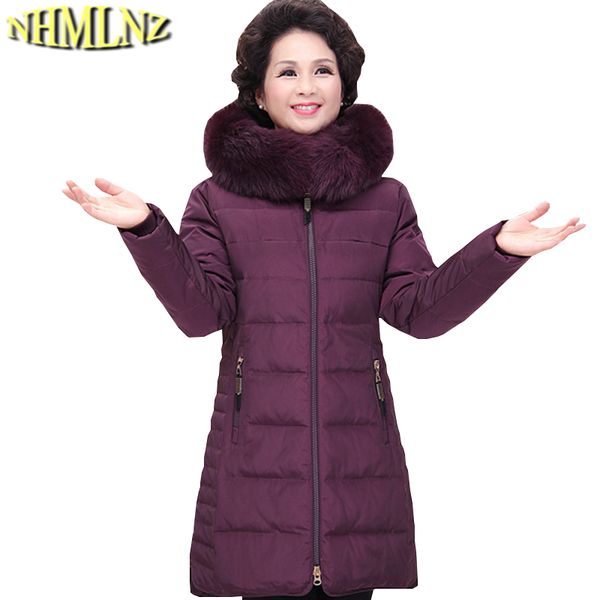 

женщина зима новый ближний возрасте пуховик женщины мода плюс размер длинная куртка женщины сплошной цвет теплый капюшоном вниз tn030, Black