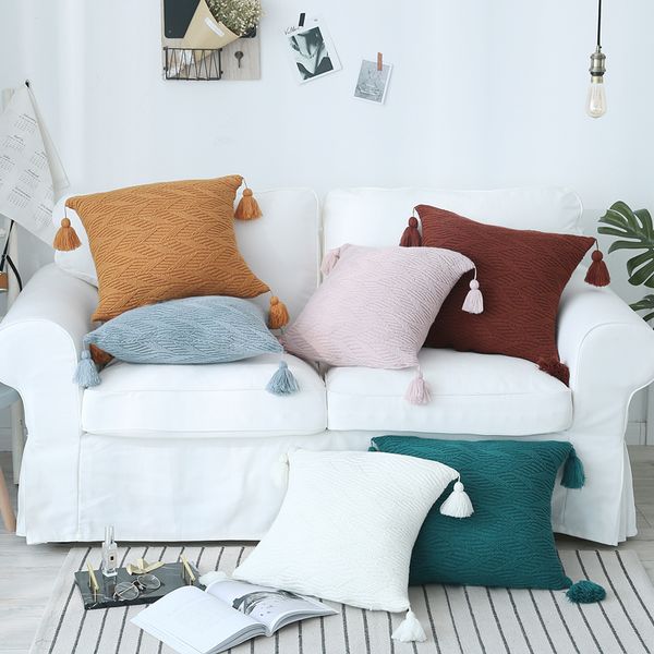 

knitted cushion cover leaves home decoration pink green yellow blue coffee fringed tassels 45x45cm cotton thread pillow cover