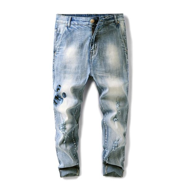 

ripped embroidery jeans men streetwear blue stretch denim slim pencil pants jean cowboys big size 48 psmj29