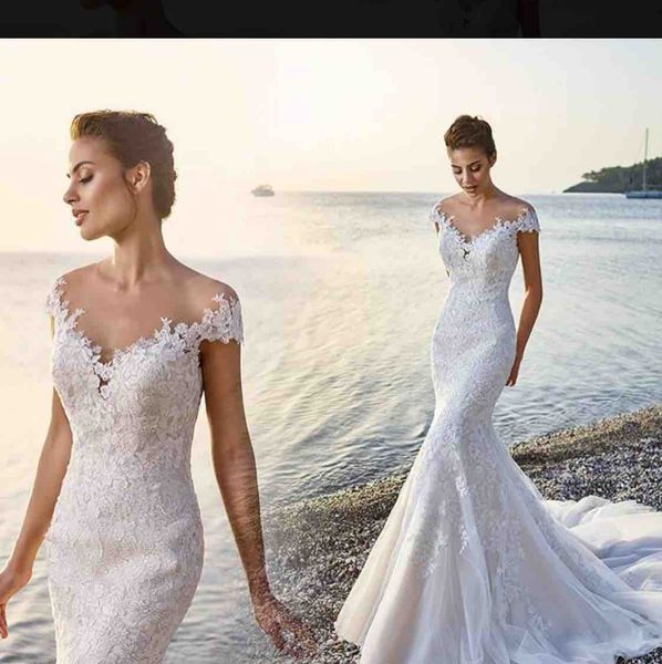 

2019 eddy k mermaid wedding dresses sheer jewel neck lace appliqued sweep train beach wedding dress cap sleeves custom boho bridal gowns, White
