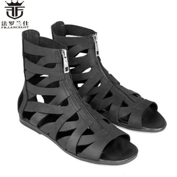 

real leather fr.lancelot design summer cut-outs men sandals front zip gladiator flats men shoes plus size 46, Black