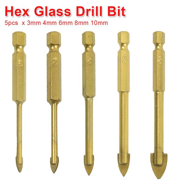 

glass drill bit set 5pcs tungsten carbide tipped ceramic tile cutter 1/4" hex shank power tool accessories 3mm 4mm 6mm 8mm 10mm