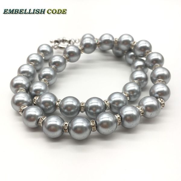 

grey gray color 12mm sea shell pearls mother necklace perfect round like ball shape crystal beads classic style for women, Golden;silver