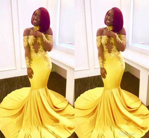 

yellow african mermaid prom dresses long lace off shoulder long sleeves see through sweep train formal evening party wear gowns, Black