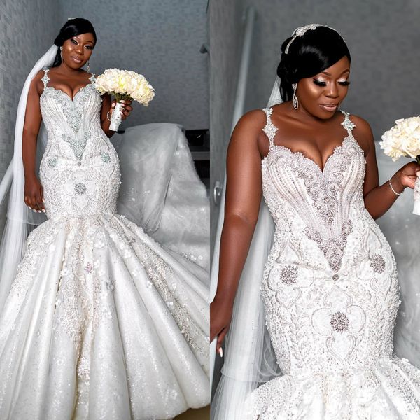 

2020 crystal mermaid wedding dresses plus size luxury beaded court train bridal gowns south african lace robes de mariÃ©e, White