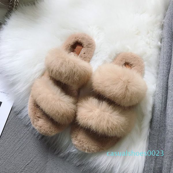 

women flips flops 2018 winter warm real fur shoes woman slippers fashion platform female slides flat comfortable c23, Black