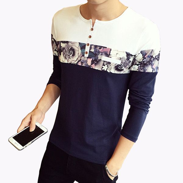

2016 new autumn men's t shirt new fashion flower pachwork long sleeve t shirt mens clothes trend casual o neck tees men 5xl, White;black