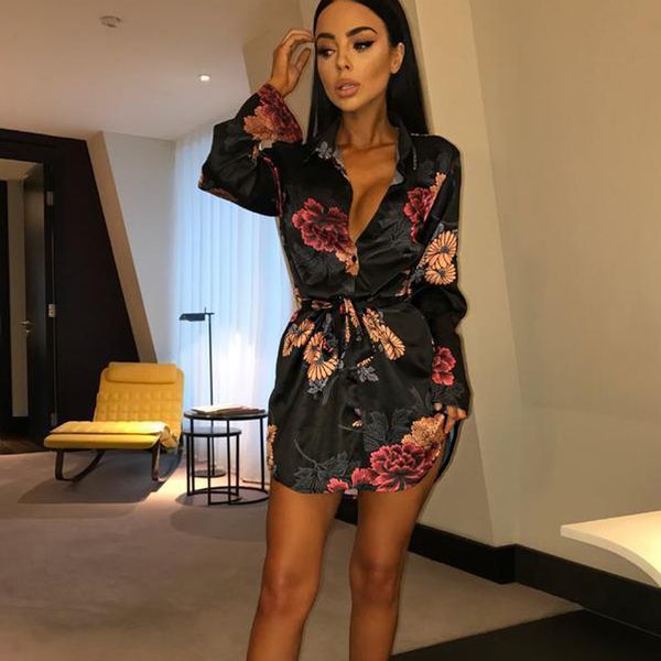 

women floral satin silk long sleeve ladies t shirt loose short mini dress summer beach dress, Black;gray