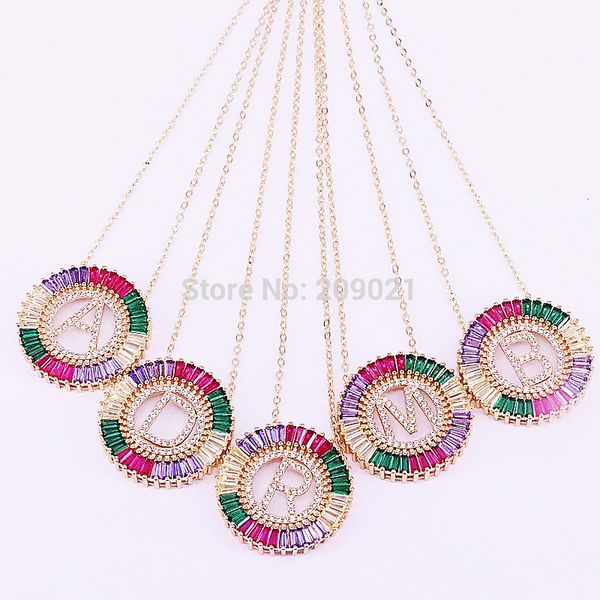 

6pcs new trendy gold color micro pave rainbow cz cubic zirconia a-z initials letter pendant necklaces for women jewelry, Silver