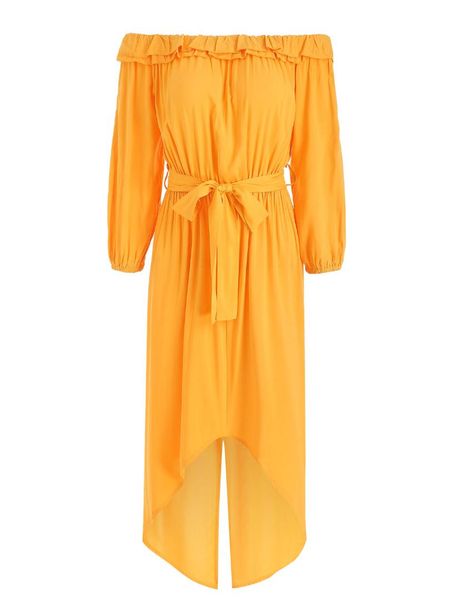 

kenancy women dress elegant off the shoulder ruffles neck belt party vestidos solid yellow long sleeves irregular bohemian dress, Black;gray