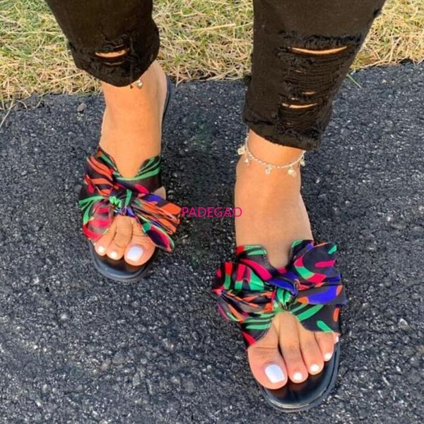 

slippers fashion beach ladies home spring/summer 2021 women color printed bow double sandals outdoor leisure wild ms, Black