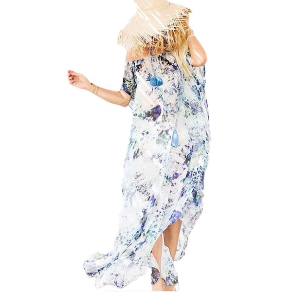 

summer ladies chiffon ruffles floral print deep v neck casual long dress, Blue;gray