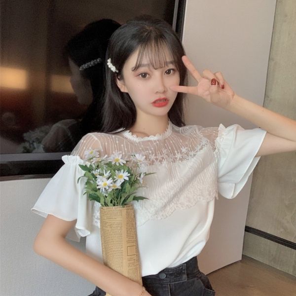 

summer blouses loose white shirts women's clothing korean sweet style floral flare sleeve o-neck lace perspective ladies