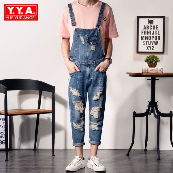

2018 new mens plus size s-6xl bib overalls fashion ankle length denim overalls men ripped jeans male denim jumpsuit trousers, Blue
