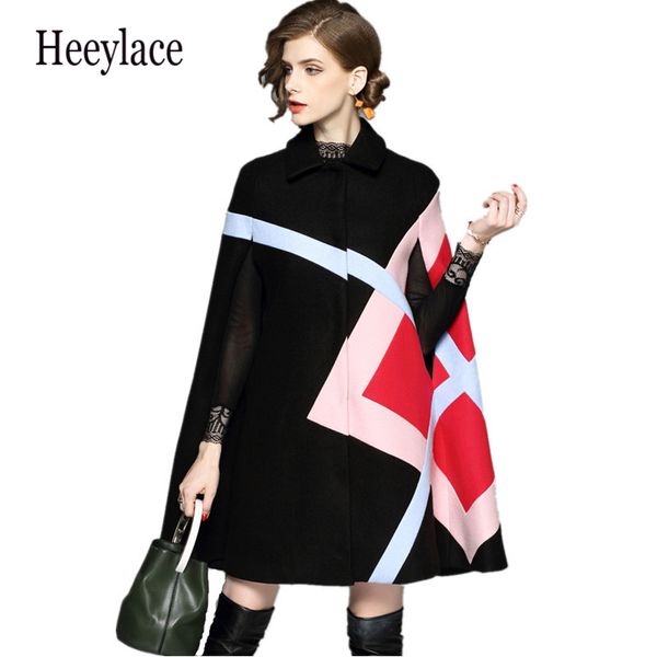 

new 2019 fashion women winter jacket geometric pattern batwing sleeve woolen warm cloak ponchos cape coat wool blends outerwear, Black
