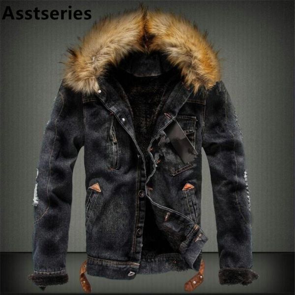 

2018 autumn and winter influx of men casual denim jacket winter thick denim jacket retro nagymaros collar cashmere coat, Black;brown