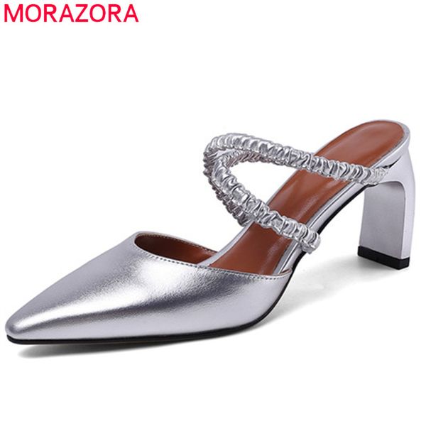 

morazora 2020 new fashion square high heels ladies sandals genuine leather shoes pointed toe slip on summer women sandals, Black
