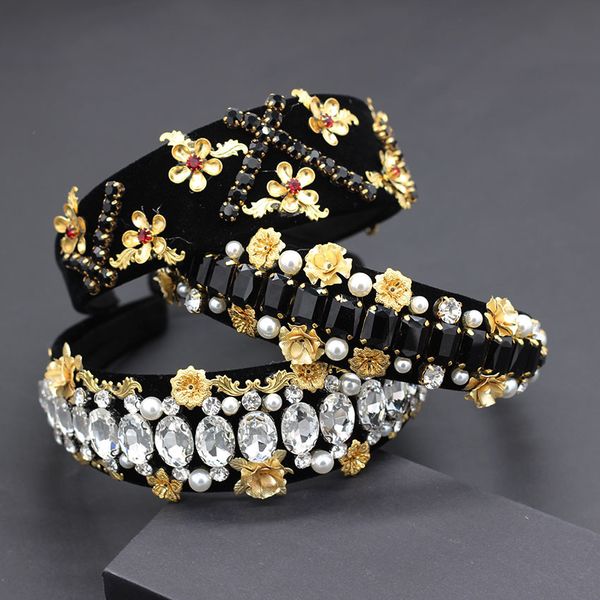 

personality street shooting wild headband new european baroque rhinestone pearl geometric metal flower flannel headband 726, Golden;white