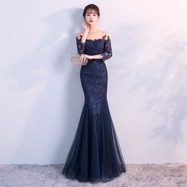 

mermaid evening dress with lace appliques 2020 long prom dresses navy royal blue formal evening gown, Black;red
