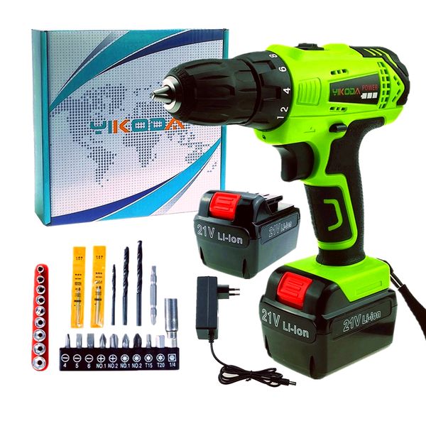 

yikoda 21v аккумуляторная беспроводная дрель литиевая электрическая отвертка 2шт батарея бытовой электроинструмент коробка плюс аксессуары
