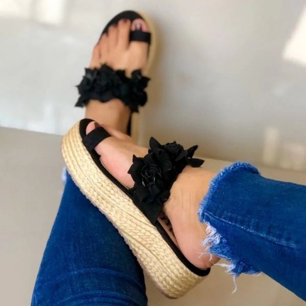 

2020 woman slippers lady platform flower slippers casual beach flip flops sandals women sandals summer high heel, Black