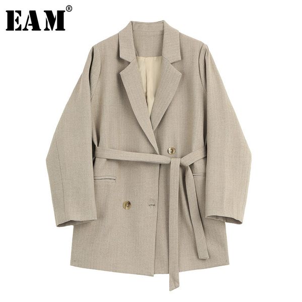 

eam] loose fit bandage pocket button jacket new lapel long sleeve women coat fashion tide all-match autumn winter 2019 1a045, Black;brown