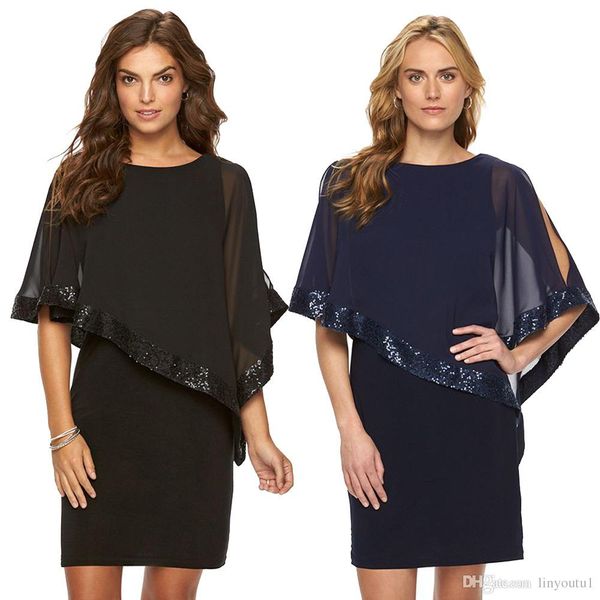 

ladies stitching sequin half sleeve dress plus size solid color round neck gift party dress, Black;gray