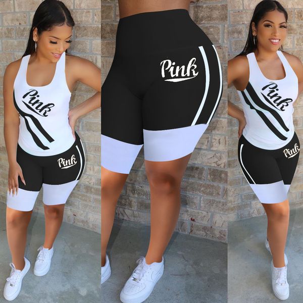 

для женщин 2 шт sports outfit pink letter печать colorblock рукавов майка майка bodycon короткие штаны set, White