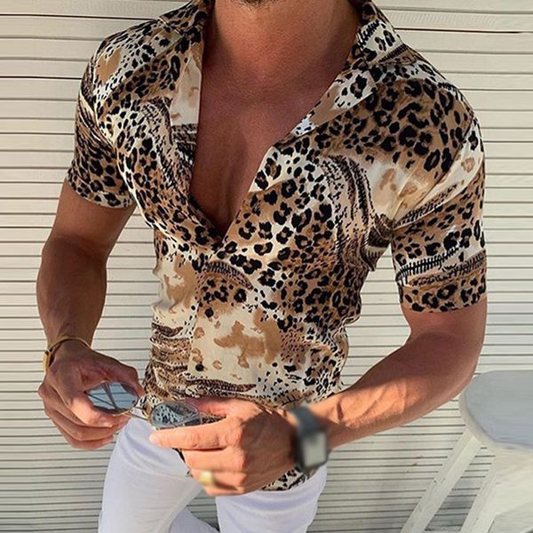 

mens lapel short sleeve shirt slim leopard printed casual outwear, White;black