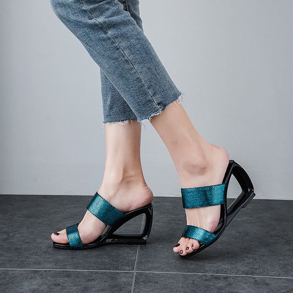 

ymechic 2019 fashion bling blue silver slippers women strange high heels hollow wedges shoes summer ladys slides big size sandal, Black
