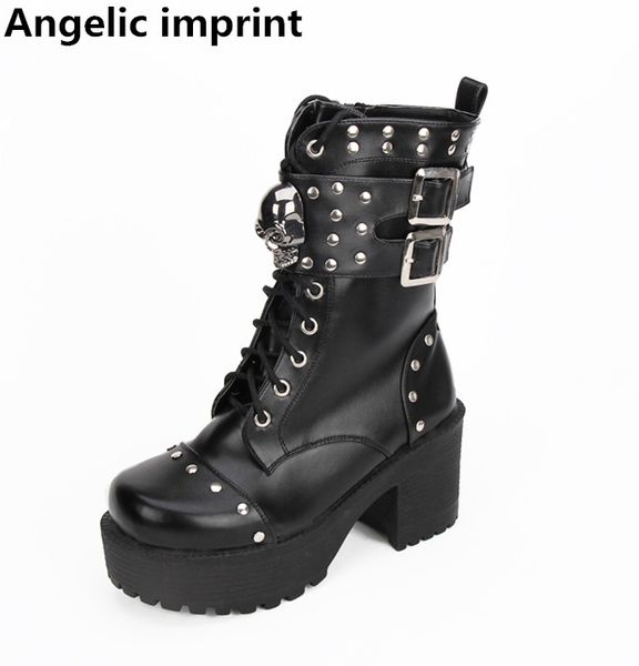 

angelic imprint mori girl women shoes lady lolita cool punk motorcycle boots woman high heel pumps platform shoes 35-40 rivets, Black