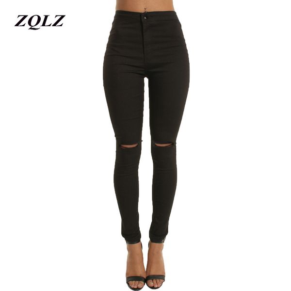 

zqlz ripped black jeans woman 2018 high waist pencil denim pants women skinny elastic washed ruched trousers femme, Blue
