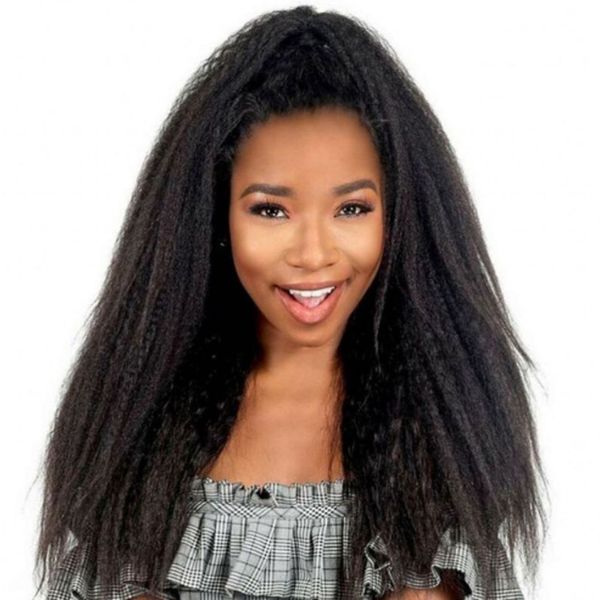 

glueless lace front wigs coarse yaki pre plucked hairline peruvian human hair wigs kinky straight wig, Black;brown