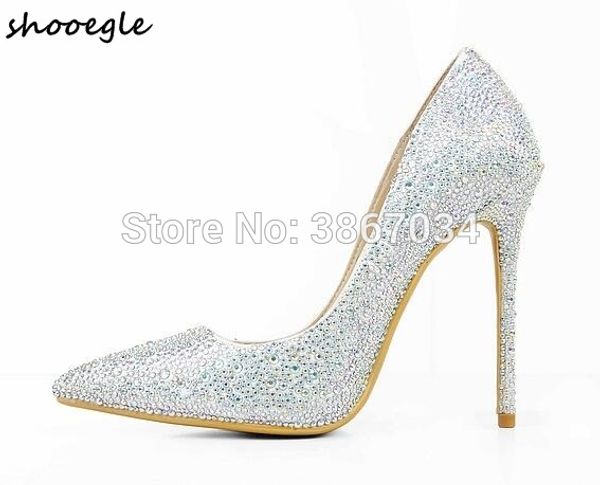 

shooegle wedding shoes women crystal studded pumps party prom heels diamonds high heels slip on pointed toe 12 cm stilettos, Black