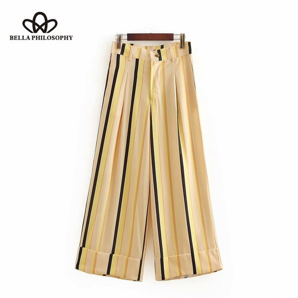 

bella philosophy 2018 vintage retro contrast color striped pleated loose wide leg pants ankle length trousers leisure pants, Black;white
