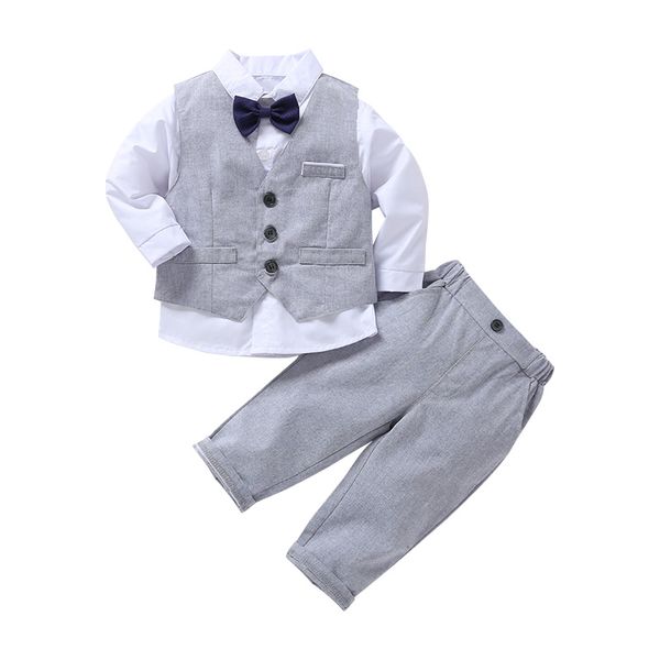 

1-6y gentleman clothing infant baby boys formal suits long sleeve bowknot plaid shirts+vest+long pants 3pcs clothes sets, White