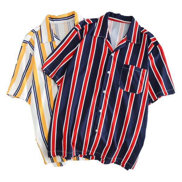 

men's new summer original night style youth stripe loose casual shirt japanese trend short sleeve shirt top, White;black