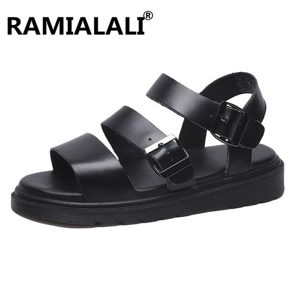 

men summer real leather sandals open toe solid color beach flats shoes refreshing men sandals male footwear lovers shoes, Black