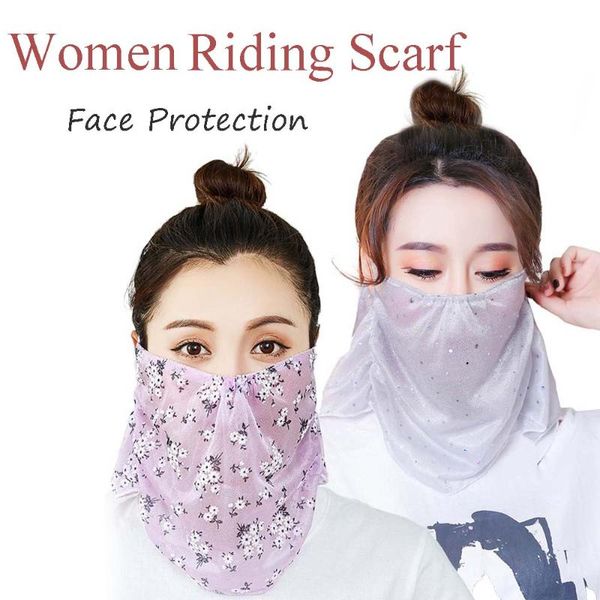 

women sunscreen veil floral scarf protection riding outdoor neck cover multi-color chiffon print sports scarf shawl, Blue;gray