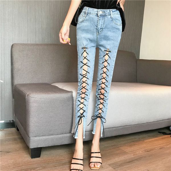 

korean style slim leggings jeans women's pants nine points pants, Blue
